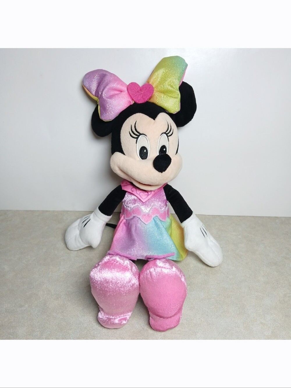 Disney Junior Minnie Mouse Plush Rainbow Ombre Dress Glitter Bow Stuffed Toy